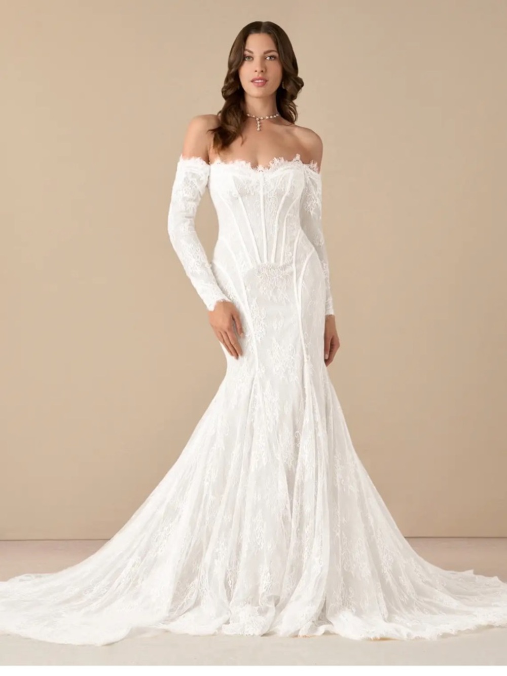 Azazie Ivory Off-Shoulder Lace Mermaid Wedding Gown